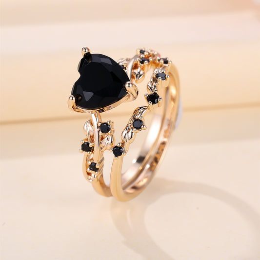 2pcs Elegant Stacking Rings 18k Gold Plated Inlaid Black Zirconia In Heart Shape Trendy Vine Design On The Band Match Daily Outfits