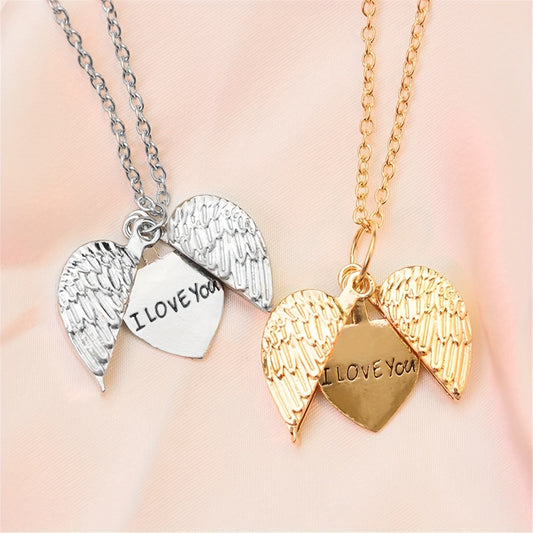 Creative Heart Angel Wings Openable Pendant Necklace Trendy "I Love You" Personality Women's Jewelry Exquisite Princess Pendant For Girls Romantic Love, Family, Friendship Memorial Gift