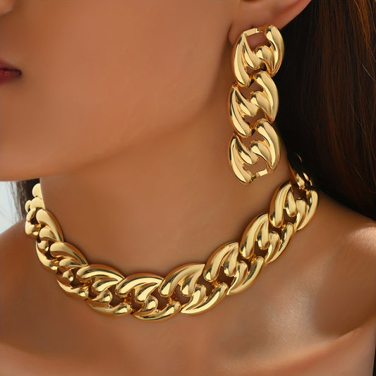 3pcs Earrings + Necklace Punk Style Jewelry Set Chunky Golden Chain Design Suitable For Men And Women Match Daily Outfits Unisex Jewelry