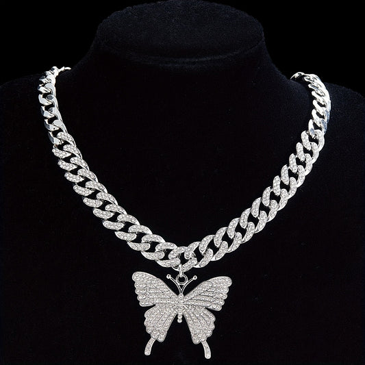 1pc Butterfly Choker Necklace Sparkly Rhinestone Pendant Necklace Bling Golden Silver Chain Butterfly Jewelry For Women And Girl